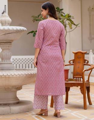 Pink floral printed pure cotton kurta set for women 2