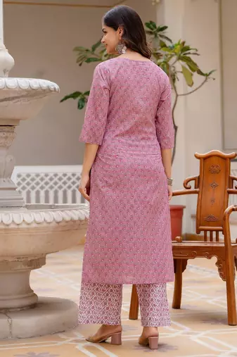 Pink floral printed pure cotton kurta set for women