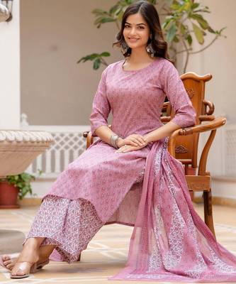 Pink floral printed pure cotton kurta set for women 3