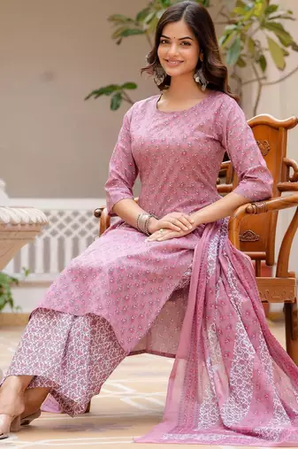 Pink floral printed pure cotton kurta set for women