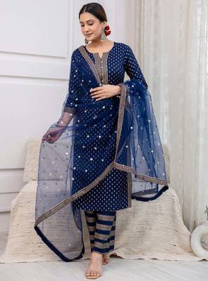 Navy blue floral printed viscose rayon kurta set for women 1