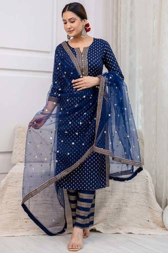 Navy blue floral printed viscose rayon kurta set for women