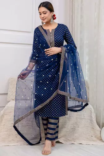 Navy blue floral printed viscose rayon kurta set for women