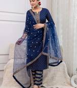 Navy blue floral printed viscose rayon kurta set for women