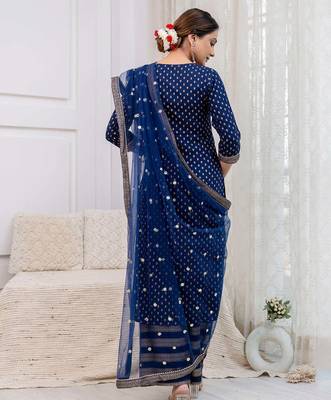 Navy blue floral printed viscose rayon kurta set for women 2