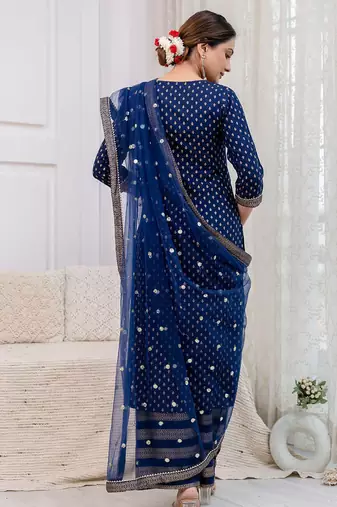 Navy blue floral printed viscose rayon kurta set for women