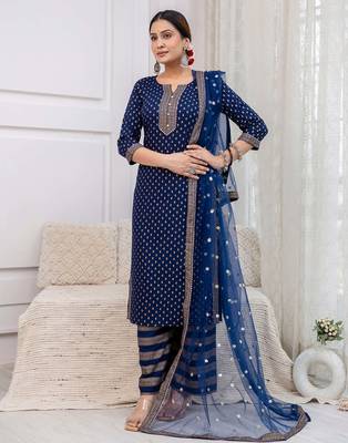 Navy blue floral printed viscose rayon kurta set for women 3