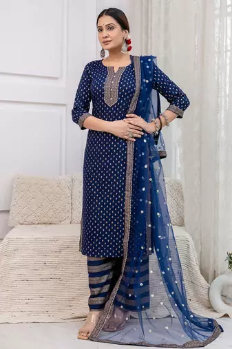 Navy blue floral printed viscose rayon kurta set for women