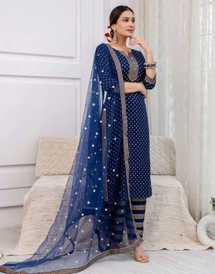 Navy blue floral printed viscose rayon kurta set for women 4