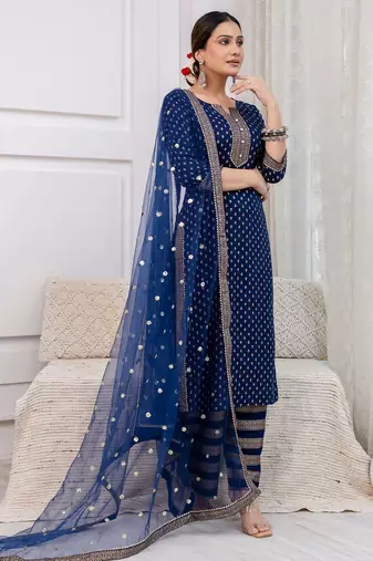 Navy blue floral printed viscose rayon kurta set for women