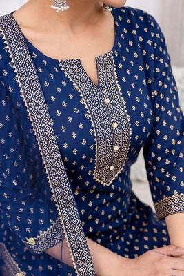 Navy blue floral printed viscose rayon kurta set for women 5