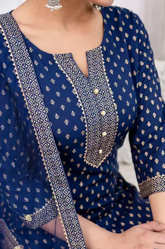 Navy blue floral printed viscose rayon kurta set for women