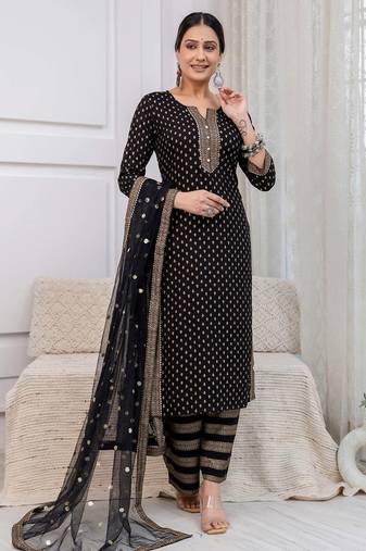 Black floral printed viscose rayon kurta set for women