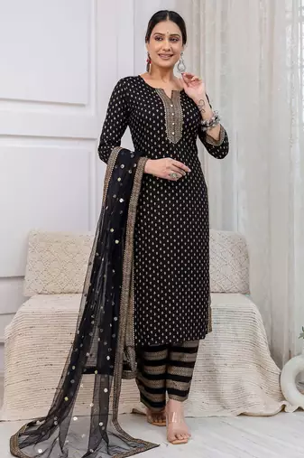 Black floral printed viscose rayon kurta set for women