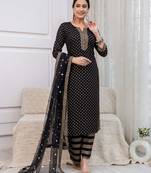 Black floral printed viscose rayon kurta set for women