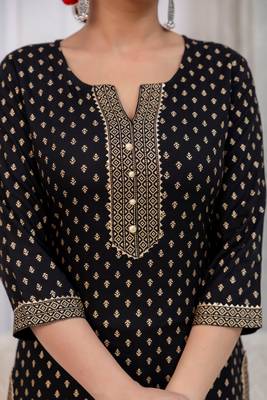 Black floral printed viscose rayon kurta set for women 4