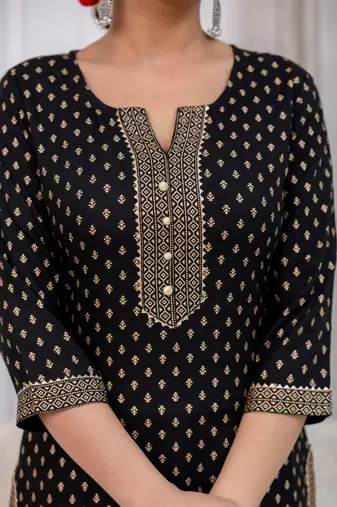 Black floral printed viscose rayon kurta set for women