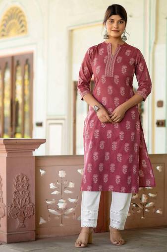 Mauve floral printed cotton kurta set for women