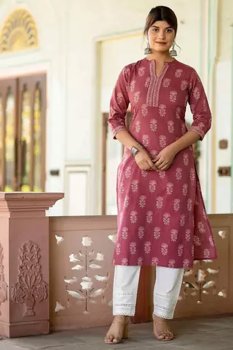 Mauve floral printed pure cotton kurta set for women