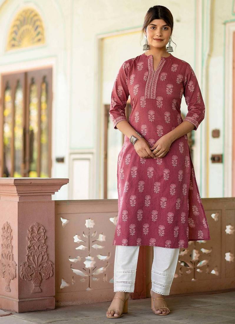 Mauve floral printed pure cotton kurta set for women