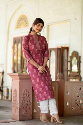 Mauve floral printed pure cotton kurta set for women 2