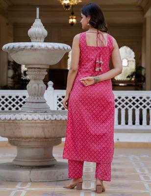 Pink floral printed pure cotton kurta set for women 2