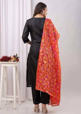 Black floral printed pure cotton kurta set for women 2