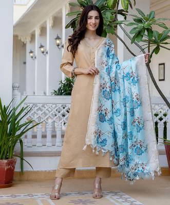 Beige floral printed pure cotton kurta set for women 1