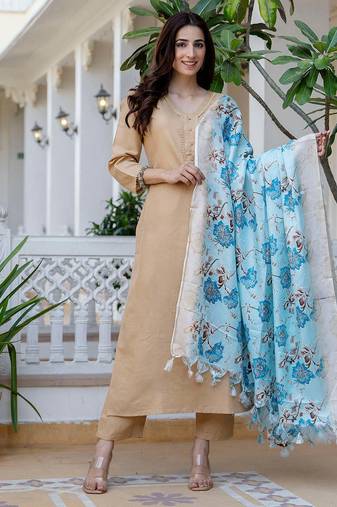 Beige floral printed cotton kurta set for women
