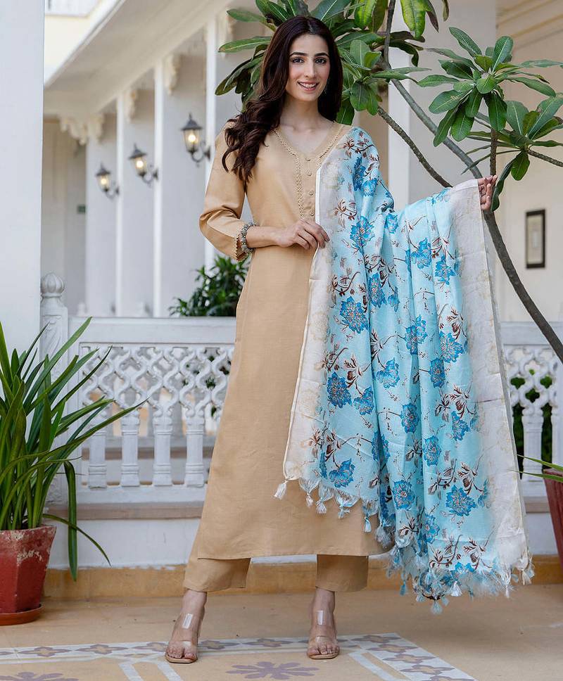 Beige floral printed pure cotton kurta set for women