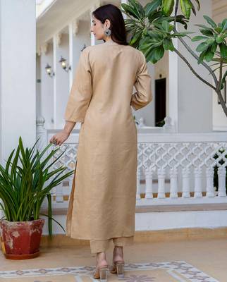 Beige floral printed pure cotton kurta set for women 2