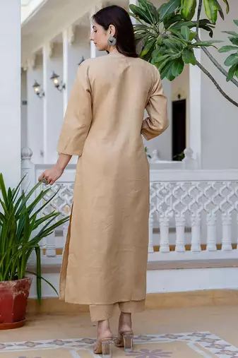 Beige floral printed cotton kurta set for women