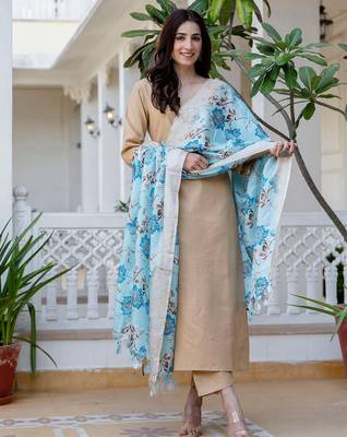 Beige floral printed pure cotton kurta set for women 4