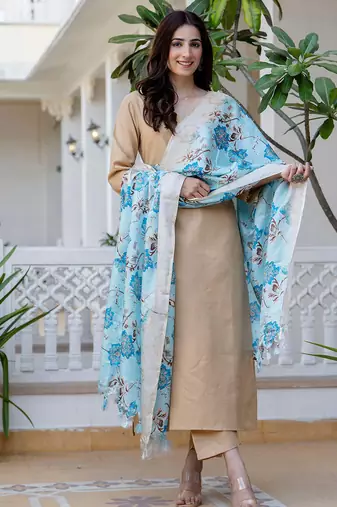 Beige floral printed cotton kurta set for women