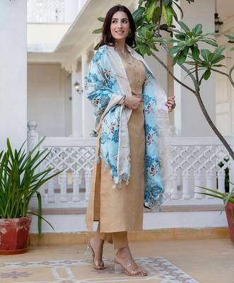 Beige floral printed pure cotton kurta set for women 5