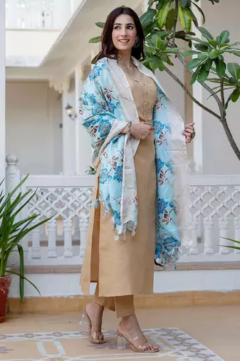 Beige floral printed cotton kurta set for women