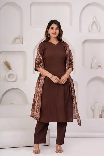 Brown solid polyester kurta set for women