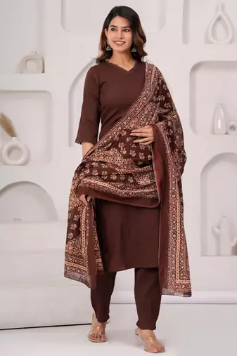Brown solid polyester kurta set for women