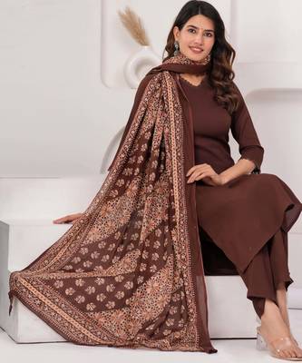 Brown solid polyester kurta set for women 3