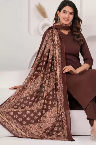 Brown solid polyester kurta set for women