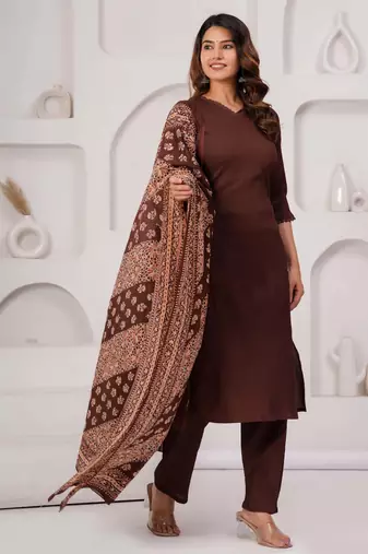 Brown solid polyester kurta set for women