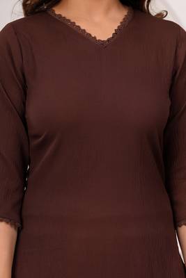 Brown solid polyester kurta set for women 5