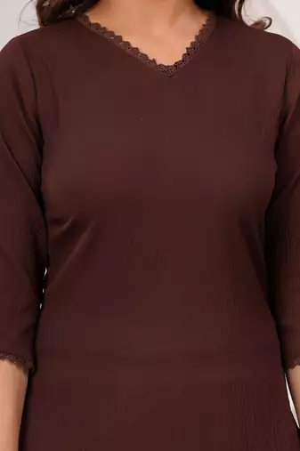 Brown solid polyester kurta set for women