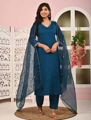 Teal blue solid viscose rayon kurta set for women 1