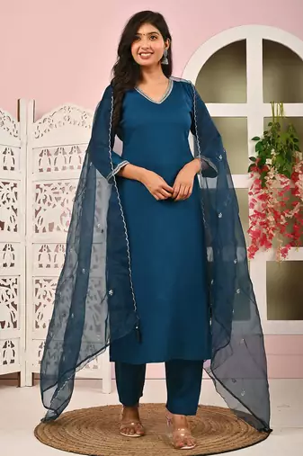 Teal blue solid viscose rayon kurta set for women