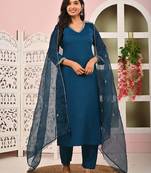 Teal blue solid viscose rayon kurta set for women