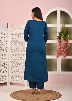Teal blue solid viscose rayon kurta set for women 2
