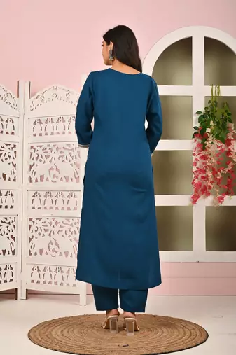 Teal blue solid viscose rayon kurta set for women