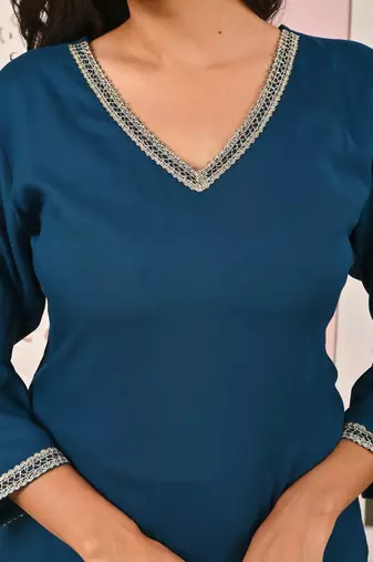 Teal blue solid viscose rayon kurta set for women