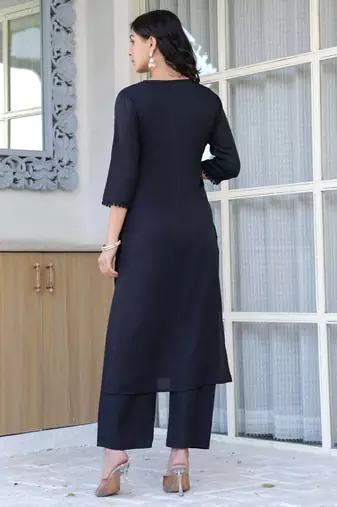 Black floral printed cotton kurta set for women
